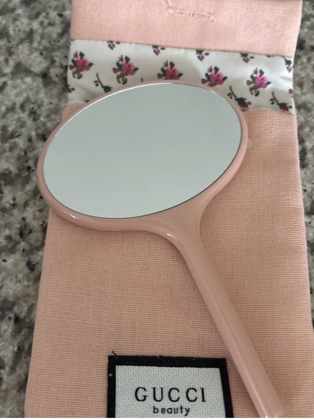Gucci Pale Pink Hand Mirror with Floral Pouch